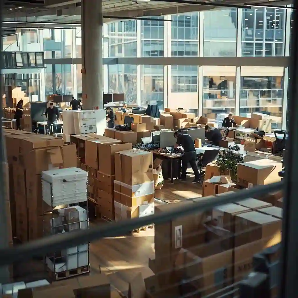 a bustling urban office filled with professional movers efficiently organizing and packing boxes, surrounded by sleek, modern furniture, conveying a sense of streamlined teamwork and efficiency in the moving process.